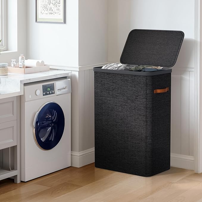 Sorbus Laundry Hamper with Lid - Collapsible 2-Compartment Fabric Laundry Basket with Handles and Removable Laundry Bag – 45 Gallon (170 L) Dirty Clothes Hamper for Bedroom, bathroom and dorm (Black)