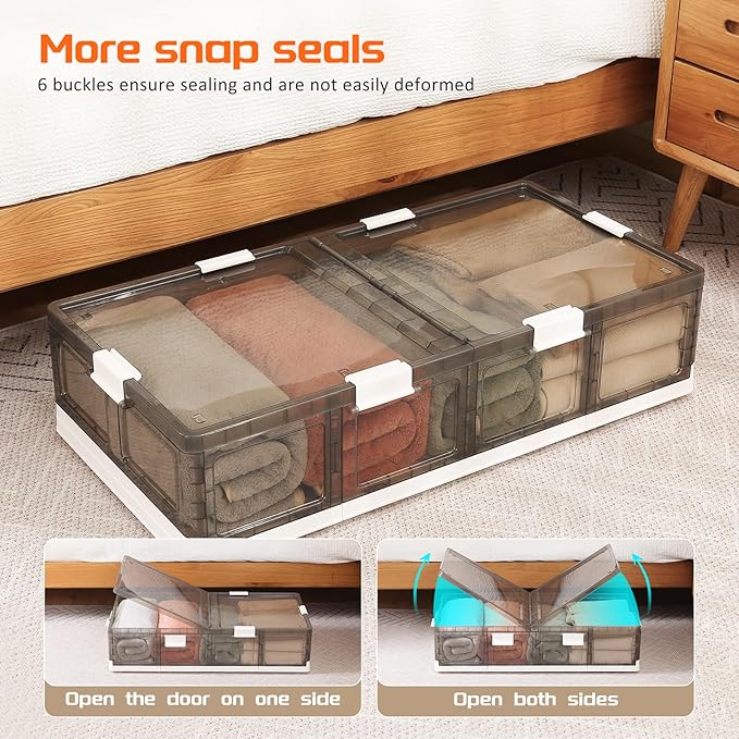 2-Pack Under Bed Storage Containers with Wheels - Stackable, Foldable Plastic Storage Boxes with Lids for Clothes, Shoes, Blankets - Perfect for Bedroom Organization and Dorms