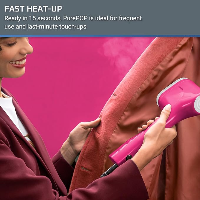 Rowenta, Steamer for Clothes, PurePop Handheld Steamer, 1.5Lbs, 15 Second Heatup, 2.3 Oz Capacity, 1150 Watts, Ironing, Pink Clothes Steamer, Vacation Essentials, Travel Must Have, DR2023