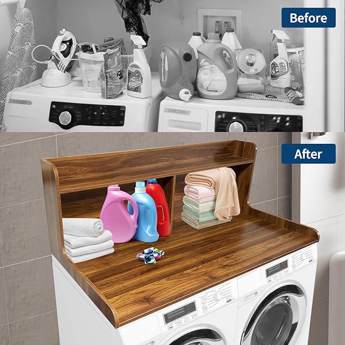 2-Tier Washer Dryer Countertop, 54" W x 27.55" D Laundry Countertop Organization with Non-Slip Pad, Wooden Washer and Dryer Topper for Folding Clothes, Laundry Room Storage