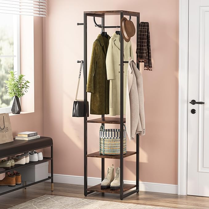 Tribesigns Coat Rack Freestanding with Shelves, Industrial Hall Tree with 4 Shelves and 8 Hooks, Standing Small Clothes Rack Closet Organizer for Entryway, Bedroom