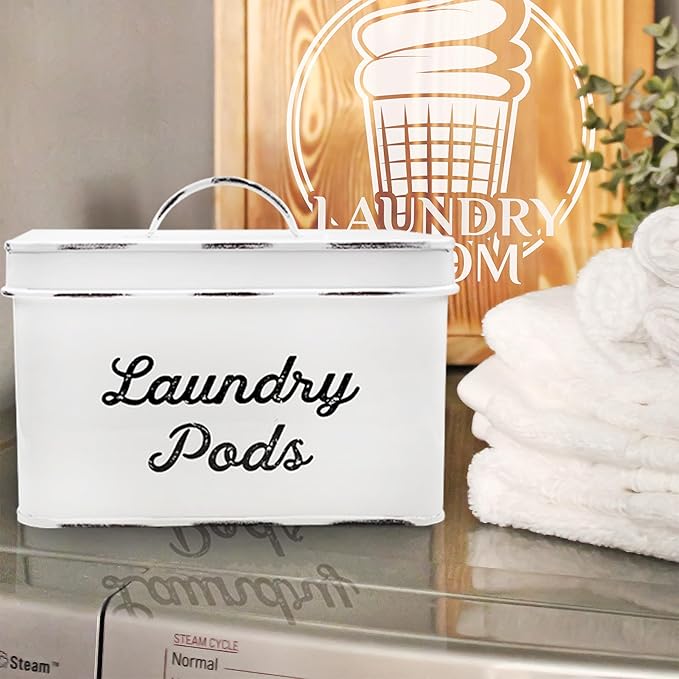AuldHome Design Enamelware Laundry Pod Holder; Rustic White Laundry Pod Storage Container