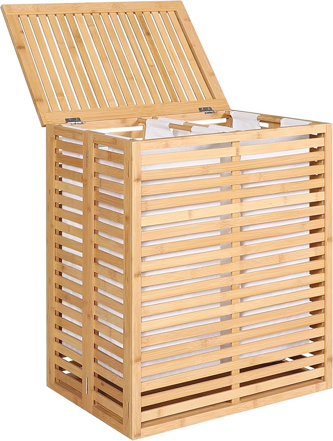 VEIKOU Hamper with Lid, Bamboo Laundry Hamper 2 Compartment, Divider Dirty Clothes Hamper, 120L Large Foldable Laundry Hamper with Removable Liners Bags