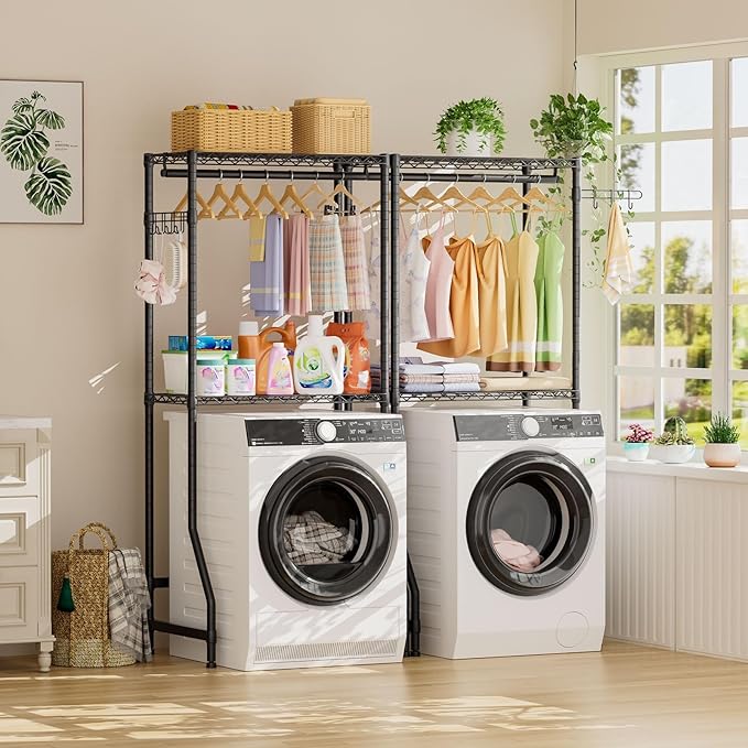 Over Washer and Dryer Shelves,2 Tier Adjustable Height Wire Shelving Laundry Room Storage Organization Clothes Drying Rack with Hanger Rod&Hooks,Space Saving Organizers Shelf,Black