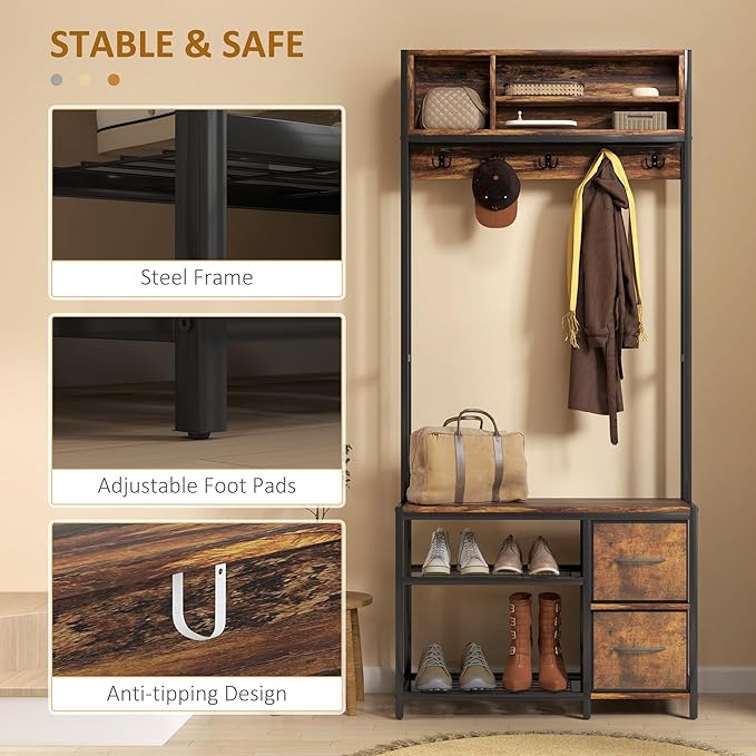 HOMCOM Hall Tree with Bench and Shoe Storage, 5-in-1 Entryway Bench with Coat Rack, 3 Storage Compartments, 5 Coat Hooks, 2 Fabric Drawers, Distressed Dark Brown