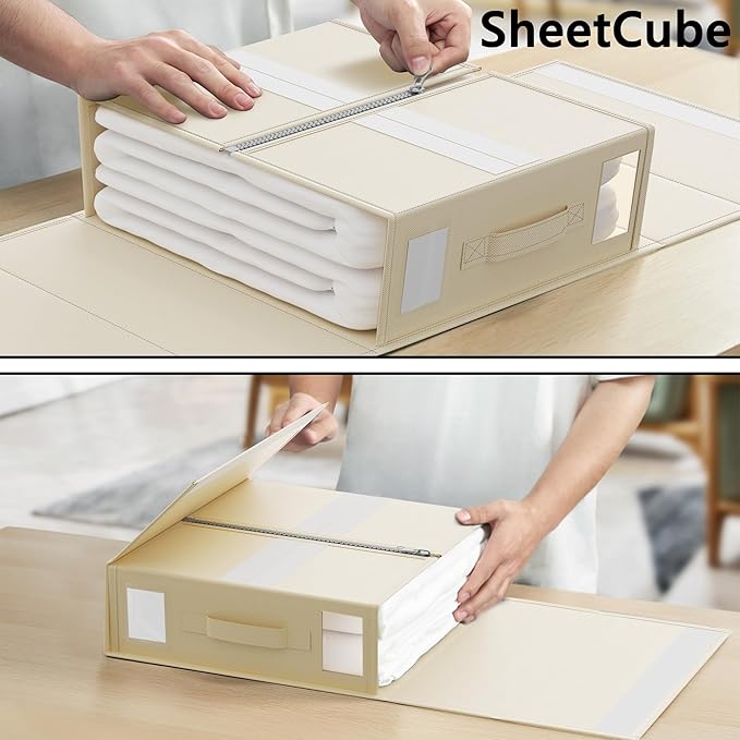 SheetCube Bed Sheet Organizers and Storage 8 Pack, Foldable Linen Closet Organizer with Window and Label, Bedding Folder Storage Box Container for Blanket, Duvet Cover Set, Bed Sheet Set - Beige