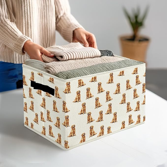 Golden Retriever Gifts Storage Bins & Boxes with Handles, Golden Retriever for Women Men Foldable Basket for Organizing, Dog Collapsible Storage Basket for Bedroom Bathroom Clothes Toys Books