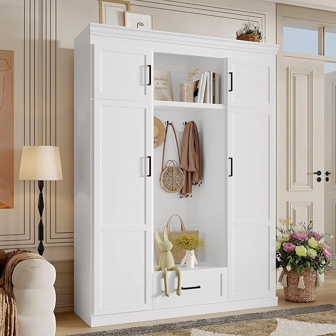 85.2''H Hall Tree with Bench and 3 Hooks, Modern Large Hall Tree with 5 Drawers and Adjustable Shelves, Entryway Storage Organizer Cabinet with 4 Doors for Hallway, Living Room (White/509)