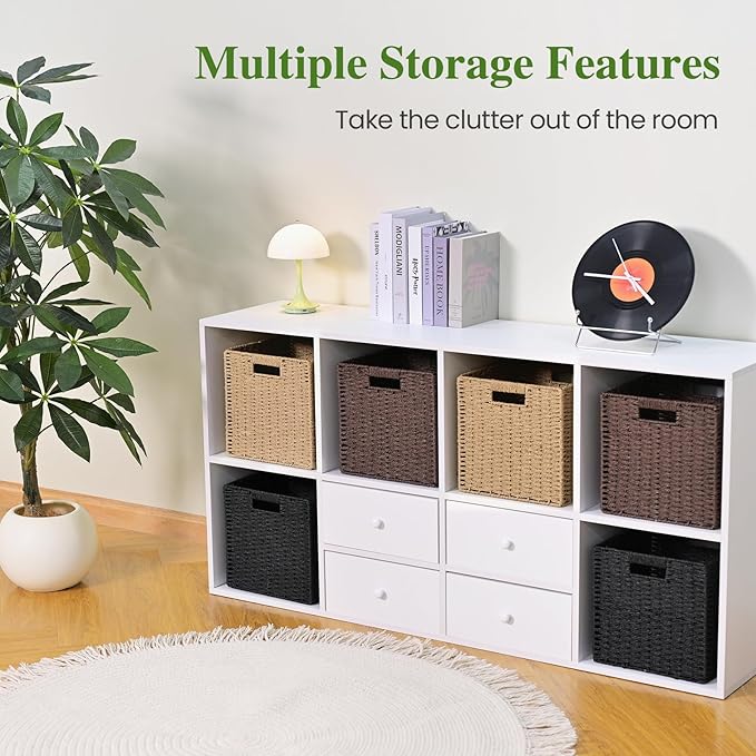 Woven Wicker Storage Baskets 4-Pack, 11x11 Handwoven Paper Rope Organizer Bins, Foldable Cube Storage Cubes with Built-in Handles for Shelves and Closet Organization(Natural Beige)
