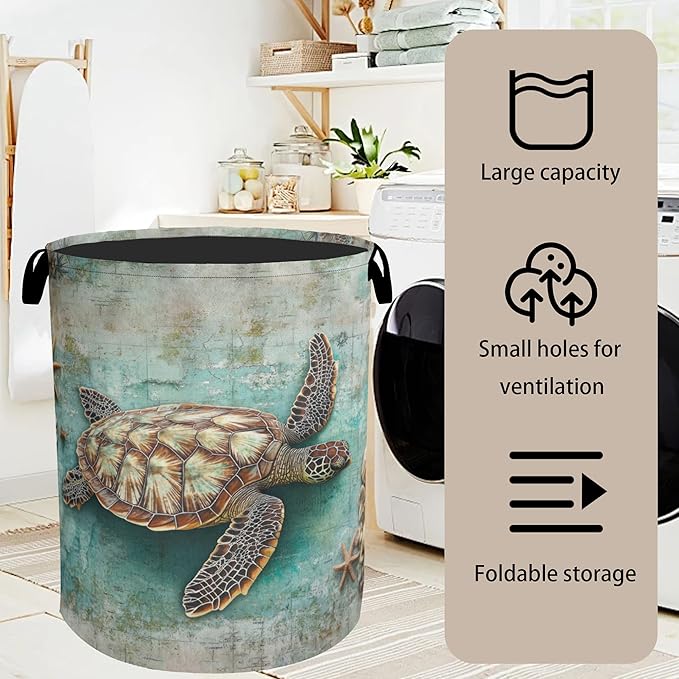 Retro Map Turtle Large Clothes Hamper Bag - Laundry Basket with Handles, Space Saving Foldable Design for Nursery