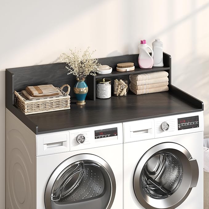 Washer Dryer Countertop, White - 2-Tier Wood 54" x 27.5" Laundry Topper with Safety Guard & Non-Slip Pads, Over The Washer Dryer Folding Shelf for Maximum Space Saving (Black)