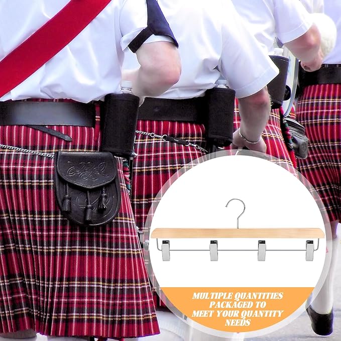 4 Pcs Kilt Hanger 20 Inches Wooden Duty Skirt Hangers with 4 Clips for Closet (Wooden Color)
