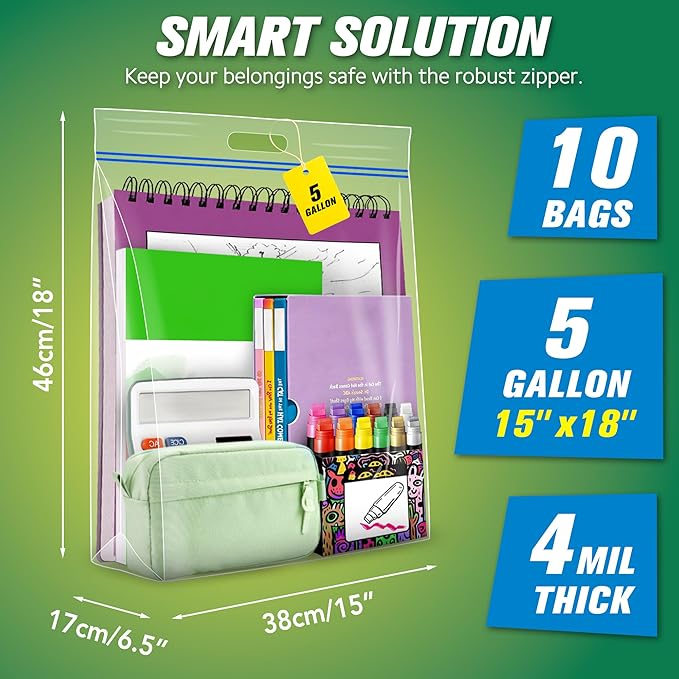 HIBAG 5 Gallon Large Storage Bags, 15” x 18” Resealable Clear Bags with Handle, Extra Large XL Heavy Duty for Clothes Pillow Travel Moving, Pack of 10