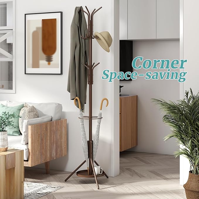 Coat Rack, Coat Rack Freestanding with Umbrella Holder, Adjustable Height Shelf with 12 Hooks, Used In The Bedroom, Living Room, Office To Hang Clothes, Hats, Bags