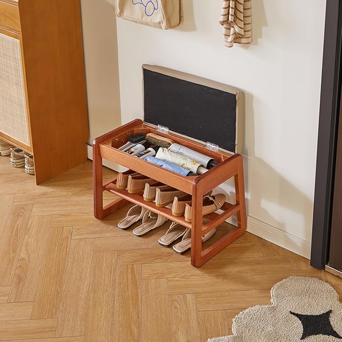 Wood Shoe Bench with Flip-Top Storage, 2-Tier Entryway Shoe Bench, 23.62in Shoe Rack with Cushion for Living Room, Cherry Wood Color YD-WD060C