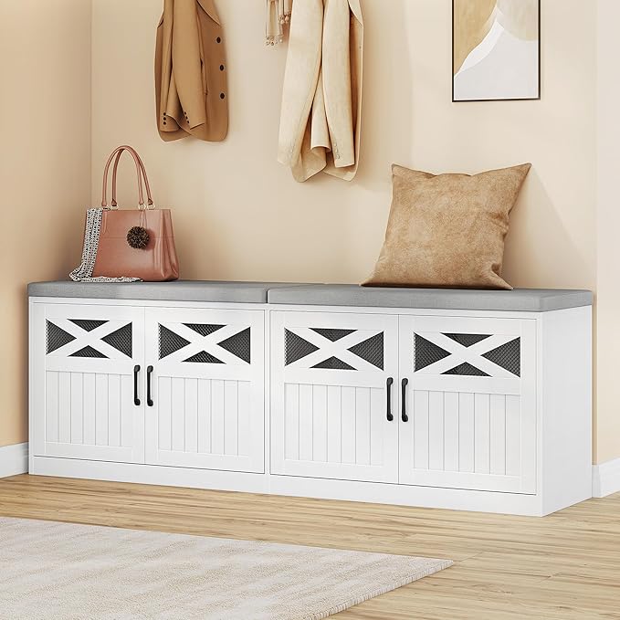 2 Tier Shoe Storage Bench with Doors, 47.2" Farmhouse Shoe Bench with Padded Cushion, 12 Pairs of Bed End Bench, Entryway Bench with Storage for Bedroom, Living Room, White SB61203X
