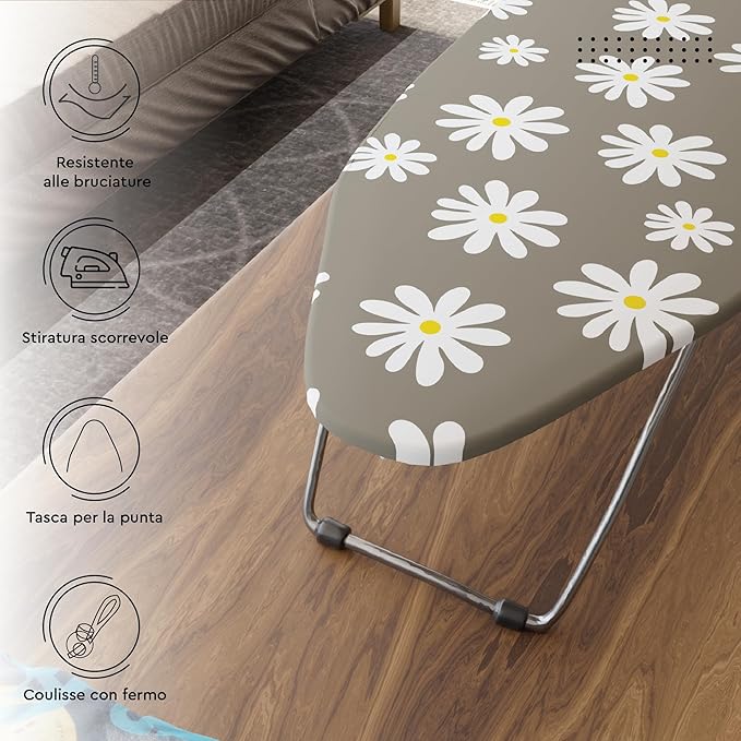 Encasa XO Ironing Board Cover and Pad 28"x12" - Thick 3mm Felt Padding, Drawstring Tightening & Lock, Easy Fit, Scorch & Stain Resistant, Fits Mini Ironing Board - Daisy Grey