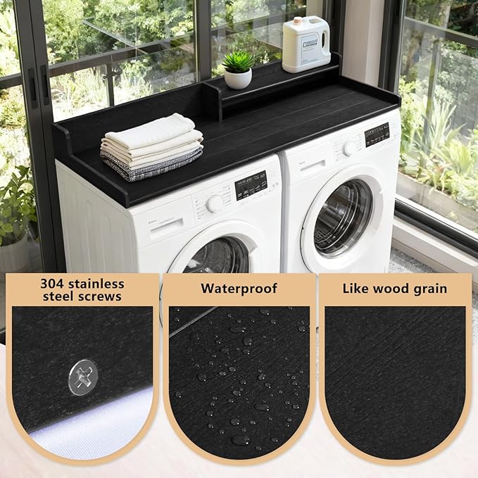 Washer and Dryer Countertop with Shelf, HDPE 2-Tier Laundry Countertop, 54" Wide Laundry Machine Topper with 2 Hooks & Non-Slip Pads for Laundry Room Organization and Folding Clothes (Black)