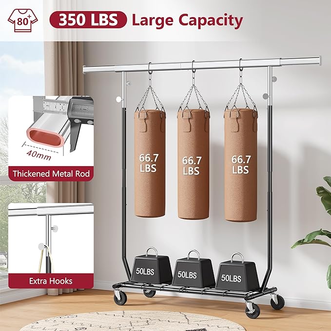 Tajsoon Clothes Rack Heavy Duty Load 350 LBS, 73.8' Extendable & Adjustable Foldable Clothing Rack for Hanging Clothes, Garment Rack with Lockable Wheels for Bedroom, Laundry Room, Black