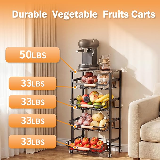 JAQ 5-Tier Fruit Vegetable Storage Cart with Wood Top, Rolling Kitchen Basket Organizer with Ergonomic Wood Handle & Wheels for Snacks Produce, Heavy Duty Metal Vianderos para Cocina Modernos, Black