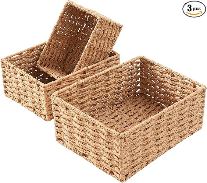 Small Wicker Basket for Organizing, Woven Storage Basket Set of 3 - Handwoven Natural Paper Rope Baskets to Declutter Any Room, Perfect for Organizing and Home Decor