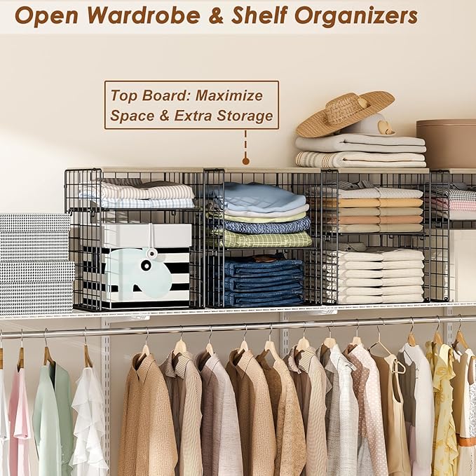 4-Tier Stackable Closet Organizers and Storage, Closet Shelves with Adjustable Dividers & Wood Top Extra Storage, Clothes Storage Basket Bins for Wardrobe, Closet Organizer System, Black