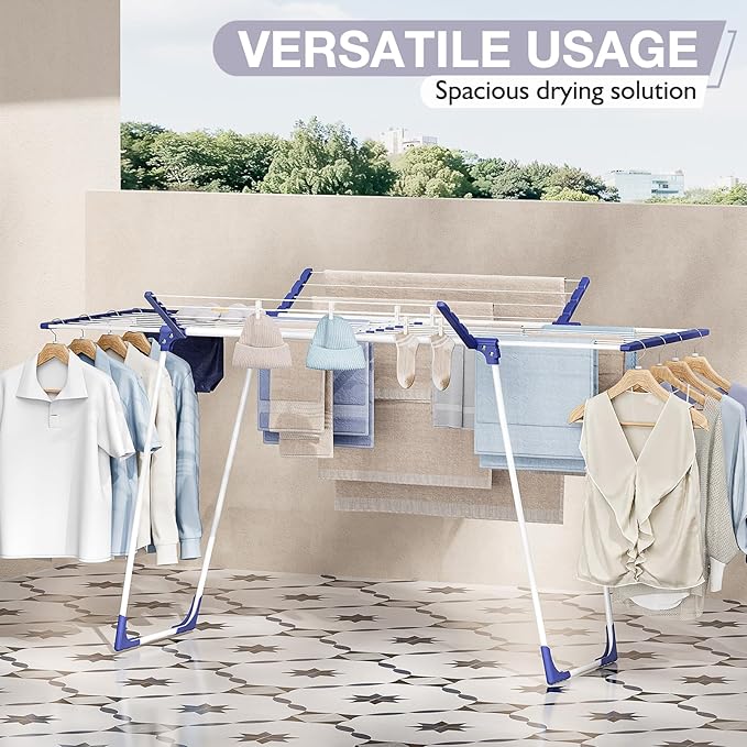 APEXCHASER Clothes Drying Rack - Foldable Laundry Rack Indoor Outdoor, Gullwing Drying Rack Clothing with 10pcs Clips + Bag, Collapsible Space-Saving Clothes Rack for Drying Towels Dolls, White