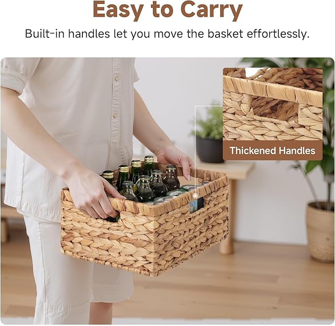 StorageWorks Large Rectangular Wicker Basket, Water Hyacinth Storage Basket with Built-in Handles, 1 Pack