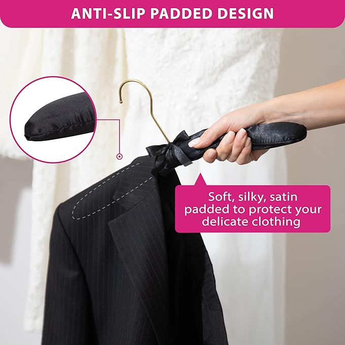 Premium Padded Hangers for Women’s Clothing - Set of 12 Non-Slip Fabric Hangers for Sweaters, Dresses, Coats, Wedding & Bride Hanger, Black