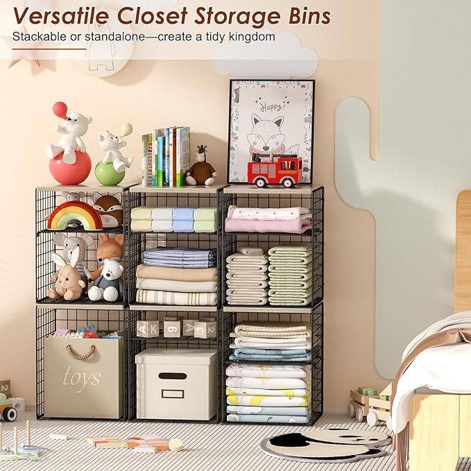 4-Tier Stackable Closet Organizers and Storage, Closet Shelves with Adjustable Dividers & Wood Top Extra Storage, Clothes Storage Basket Bins for Wardrobe, Closet Organizer System, Black