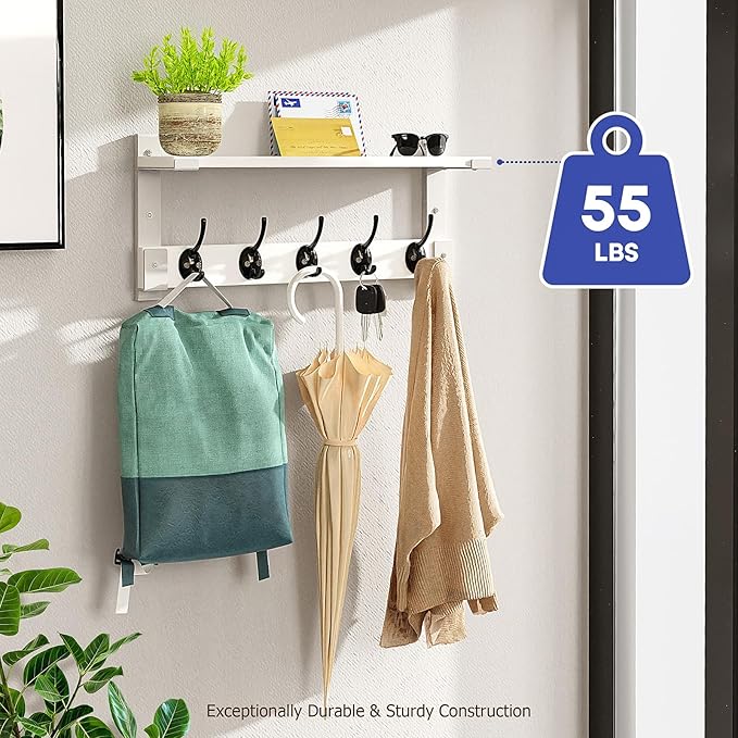 Wall Hooks with Shelf, Coat Rack Wall Mount for Coat Backpack Key Clothes Hanger, Wall Floating Shelf Hanging in Entryway, Living Room, Bathroom, Bedroom, Kitchen(White)