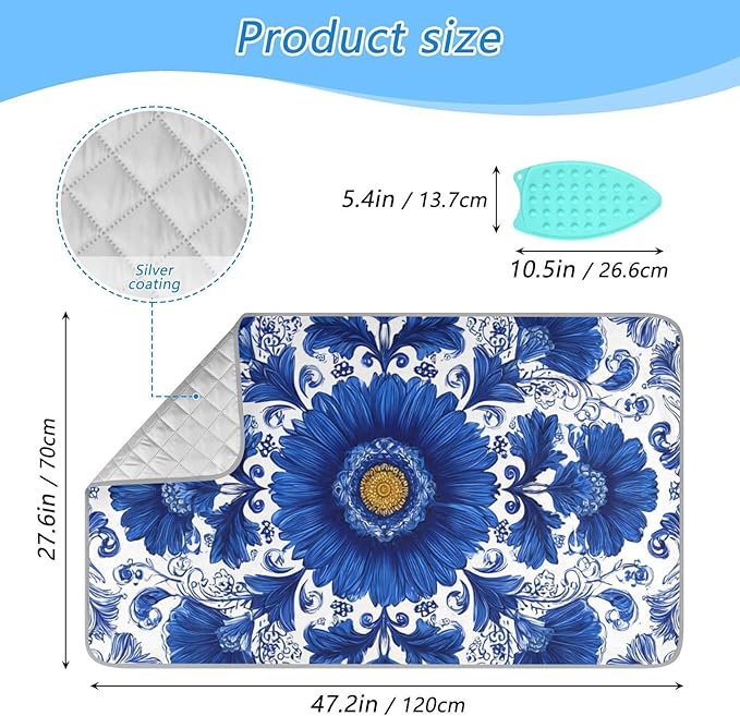 Ironing Mat Pad for Table Portable Travel Iron Blanket Ironing Board Covers Pressing Mat Heat Press Pads 27.6x47.2 Inches Blue and White Sunflowers33