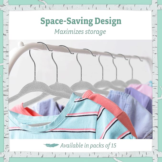 Baby Nest Designs Kids Plastic Velvet Hangers for Closet, Children Non-Slip Hangers Dividers for Nursery Closet Organizer, Grey - Pack of 15