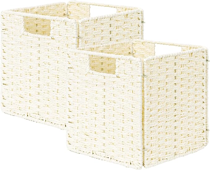 StorageWorks Beige Wicker Baskets, Handwoven Storage Cubes with Handles, Foldable Paper Rope Basket for Organizing, 9 inch, 2 Pack