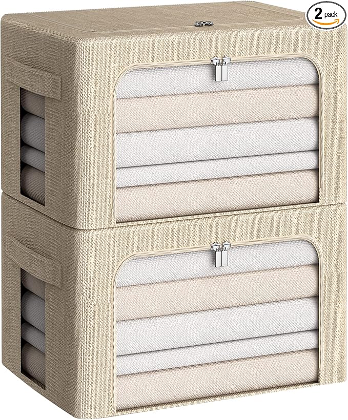 CYhom Clothes Storage Bins Box - Linen Fabric Foldable Stackable Container Organizer Set with Clear Window & Carry Handles & Metal Frame for Bedding, Blankets, Books (Beige, Medium-36L)