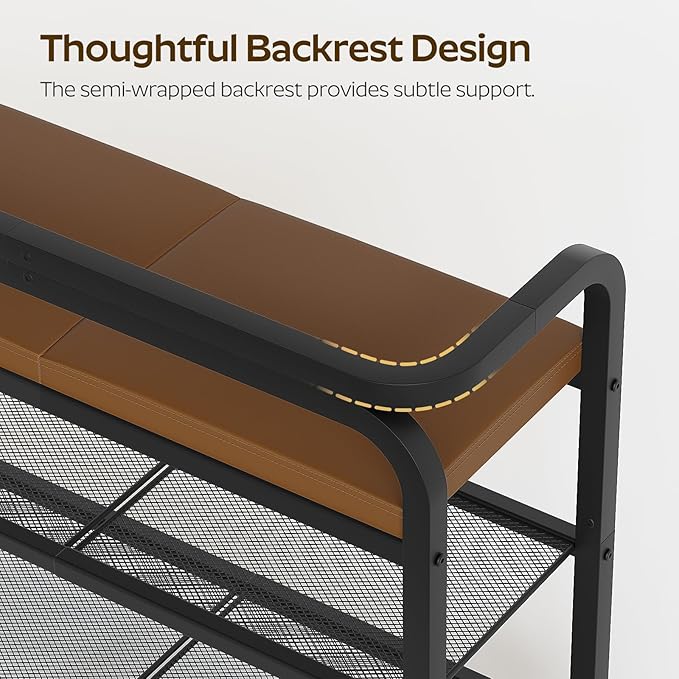 Shoe Bench with Backrest, Entryway Bench, 2-Tier Shoe Rack with PU Padded Seat, Upholstered Shoe Storage Bench with Back, for Hallway, Entryway, Foyer, Bedroom, Brown and Black HX04BV