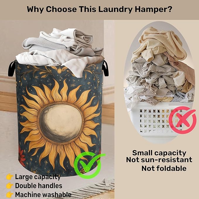 Gothic Sun Large Clothes Hamper Bag - Laundry Basket with Handles, Space Saving Foldable Design for Nursery