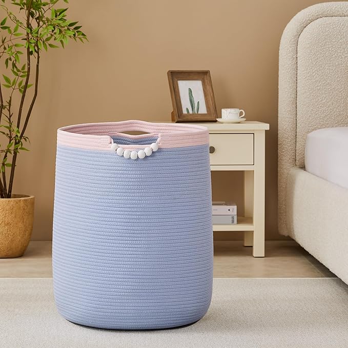 90L Large Blue Woven Rope Laundry Hamper Basket for Clohtes Boho Tall Rope Baskets for Blanket Baby Nursery Hamper for Girls Kids 17"Wide 22"Tall