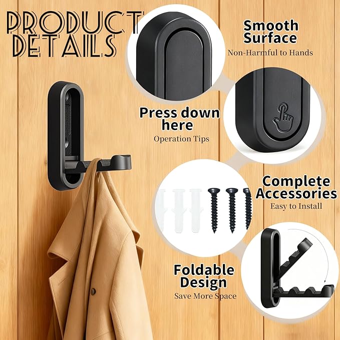 2PCS Folding Coat Hooks,Black Wall Hooks for Hanging – 2Folding Coat Hooks, Flip Down Heavy Duty Hooks Robe Hook Wall Mounted for Clothes, Towels, Hats & More