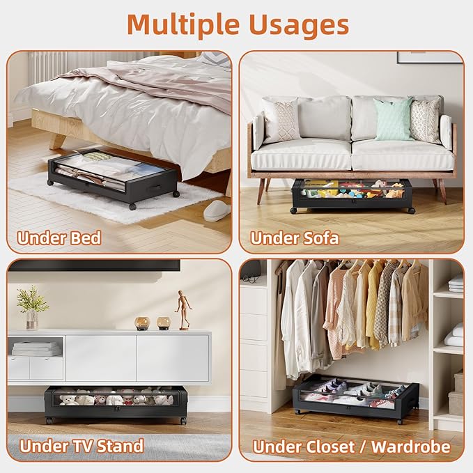 Somdot Under Bed Storage with Wheels, 2 Pack Bed Storage Containers with Dividers & Clear Lids,Easy Pull-out Metal Drawer for Clothes, Shoes,Toys, Blankets (Black)