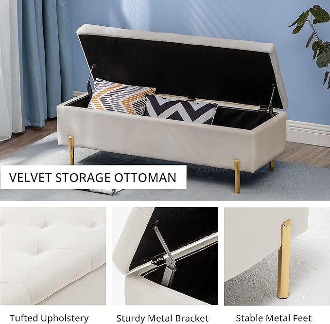 Andeworld Velvet Storage Bench, Modern Bedroom Bench, Upholstered Tufted Large Settee Ottoman with Storage Bench for Bedroom,Living Room,Entryway, Ivory