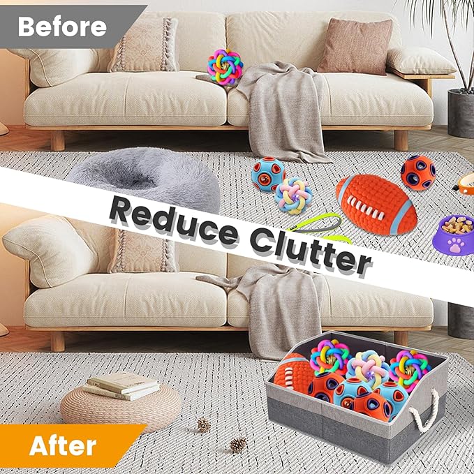 Large Dog Toy Basket With Handle, Foldable Dog Toy Box for Living Room Area, 20" Basket for Dog's Toys, Clothes, Organizers and Storage with Hard Board, Anti-slip for Pet Toys (Gray, Medium)