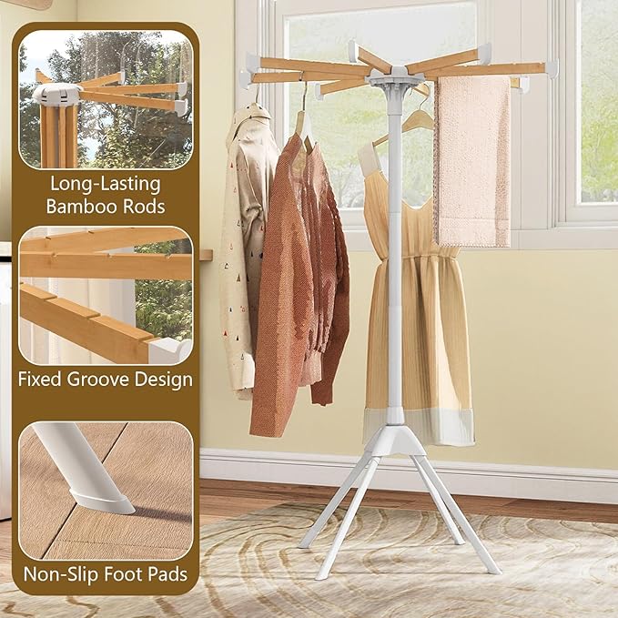 Tangkula Clothes Drying Rack, Foldable Laundry Drying Rack with 8 Bamboo Hanging Rods, 4-Legged Design, Space-Saving Floor Standing Octopus Airer for Balcony Bedroom Household