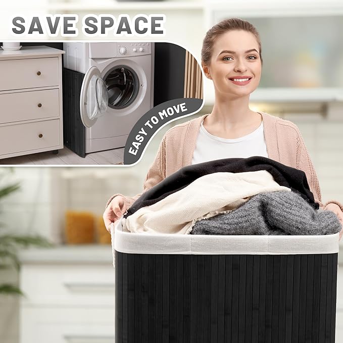 72L Slim Laundry Hamper with Lid, Foldable Bamboo Clothes Laundry Basket with Handles, Removable and Machine Washable Liner, for Bedroom, Bathroom, Dorm, Ink Black