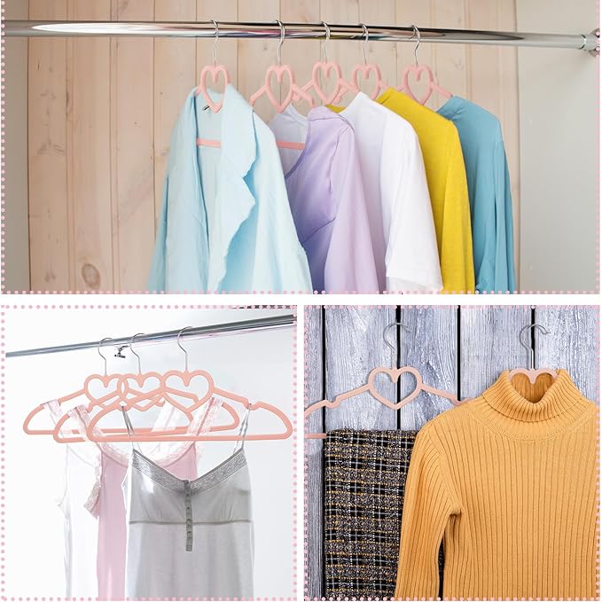 Qunclay 50 Pcs Rose Pink Velvet Heart Hangers, Non-slip Felt Clothes, Heavy Duty Sturdy Heart Clothes Coat Hanger, Cute Kawaii Room Decor for Adult Women, Space Saving No Hanger Mark, 360° Swivel Hook