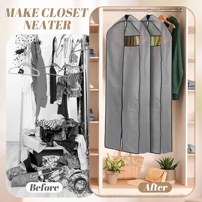 2 Pcs 10" Gusseted Garment Bags for Hanging Clothes Dress Bags for Gowns Long Closet Waterproof Garment Covers Wedding Dress Cover Traveling Clothes Protector (Grey,65 Inch)
