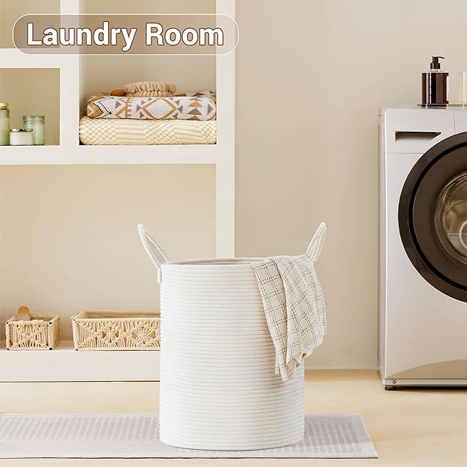 Tall Laundry Basket with Handles, 53L Portable Dirty Clothes Hamper, Boho Cotton Rope Storage Bin for Blankets Kids Toys Gifts, Decorative Organizer for Baby Nursery Bedroom Bathroom, White