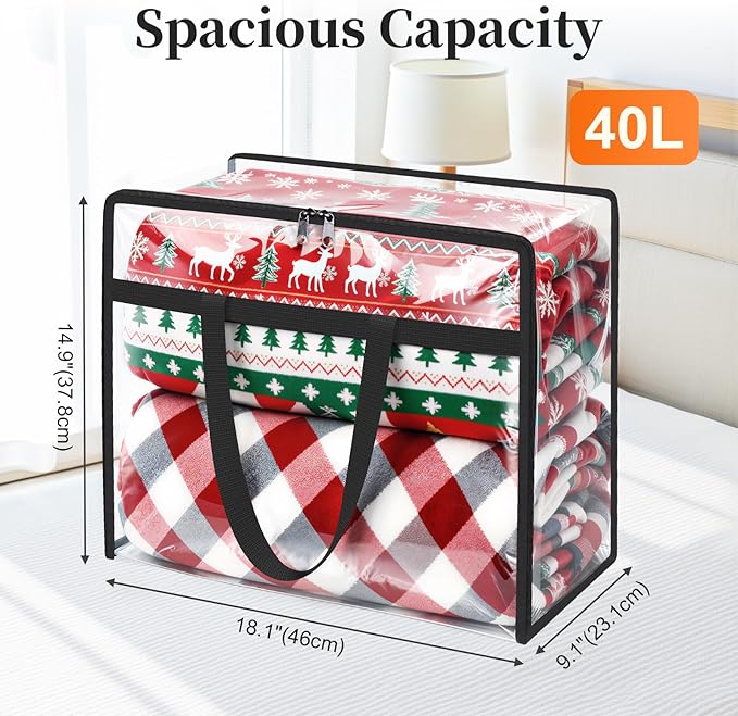 Clear Storage Bags, 4 Pack Under Bed Storage and Closet Organizers Containers, Vinyl Foldable Heavy-Duty Moving Bags with Zippers for Comforter, Bedding, Duvet, Blanket & Toy Storage, 40L