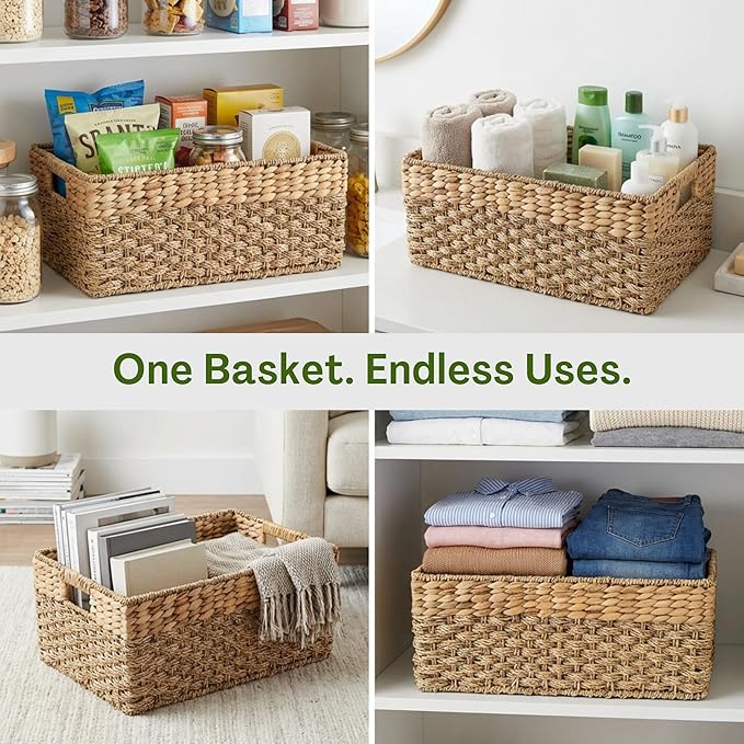 Large Wicker Storage Basket with handles, Natural, Woven, Seagrass and Hyacinth Organizing Baskets for Shelves, Pantry, Living Room - Large Size - 17x11x7.5 in