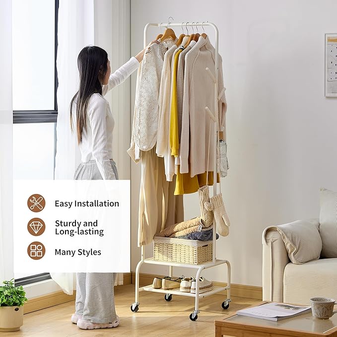 FILWH Rolling Coat Rack with Storage Shelf Freestanding Coat Rack Hall Tree with 6 Hooks for Entryway, Bedroom Metal Clothes Hanger Stand for Hats, Jackets, Bags,Shoes (White, Double-layer)